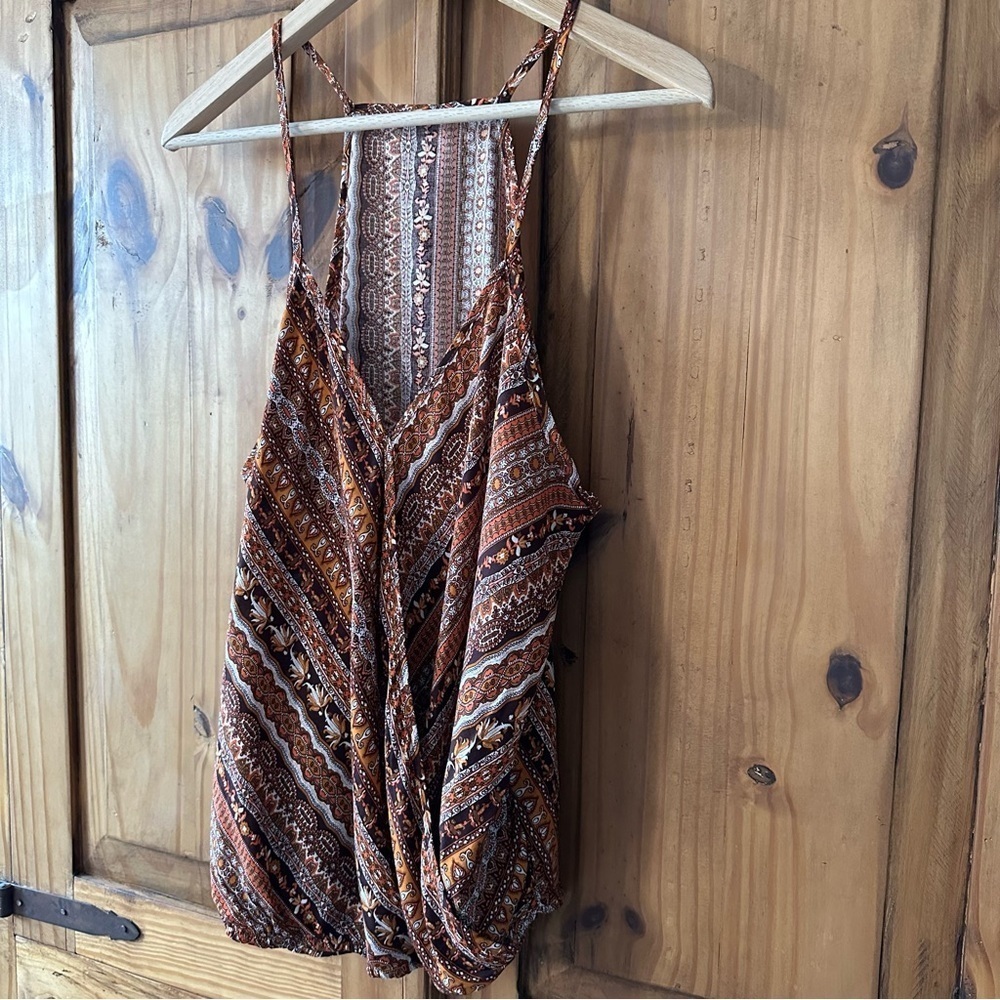 Wrap Around V Neck Racerback Tank Top Bohemian Brown Orange Black White XL - Picture 2 of 7